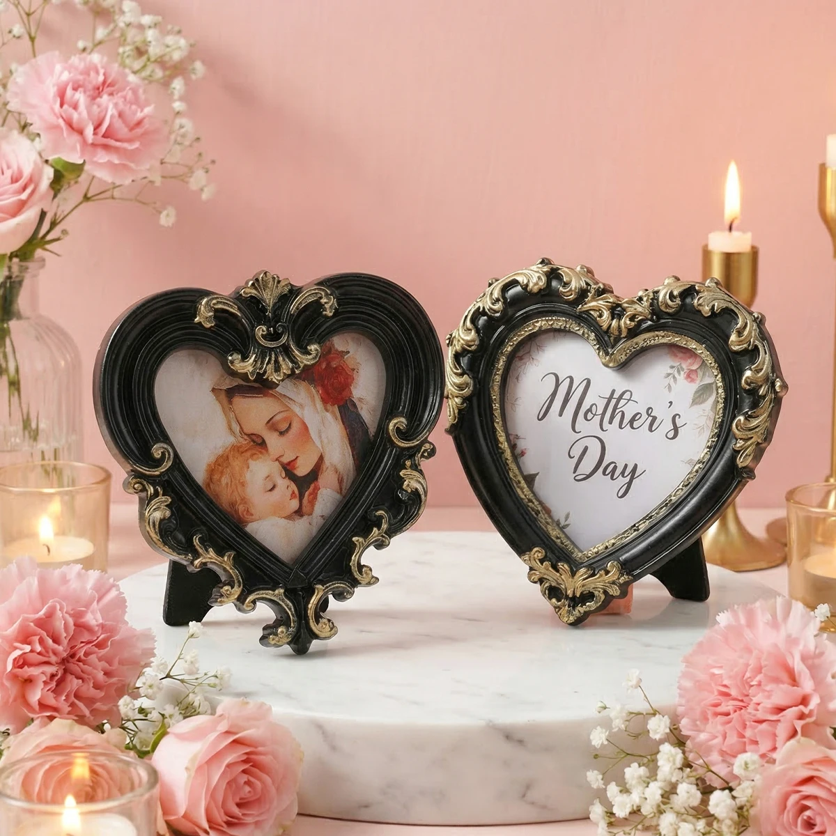 1PC, Mother's Day Resin Material Heart-shaped Decorative Frame with Black-Golden Three-Dimensional Pattern Design