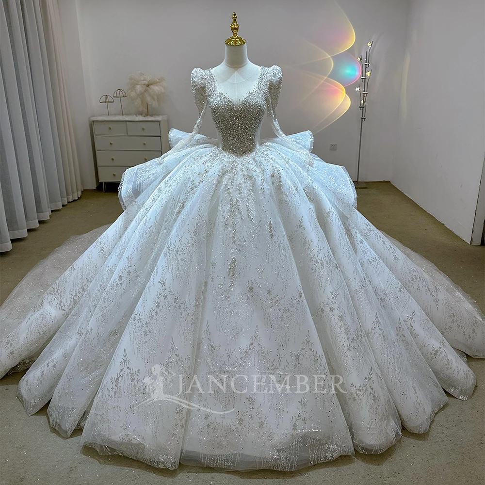 

Customized Ball Gown Wedding Dress Lace Long Sleeves Plus Size Long Bride Dresses Lace Up Luxury Bridal Gown Vestidos De Novia