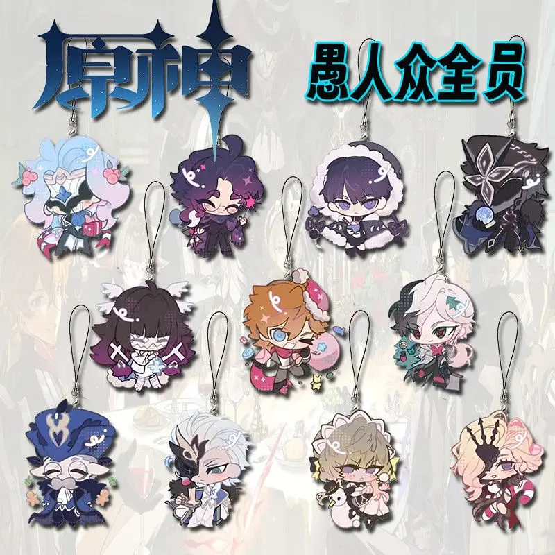 Genshin impacto fatui harbingers adorável ventilador funciona corrente de telefone metal acrílico corrente de celular para telefone cordão chaveiro jóias