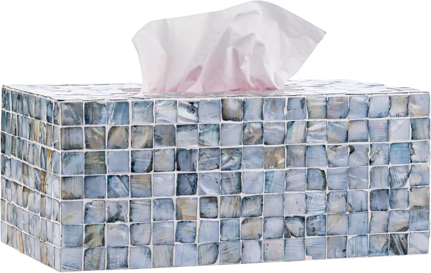 

Handmade Rectangular Tissue Box Cover with Mother of Pearl and Capiz Shell, Rustic Farmhouse Vintage Decor in Blue