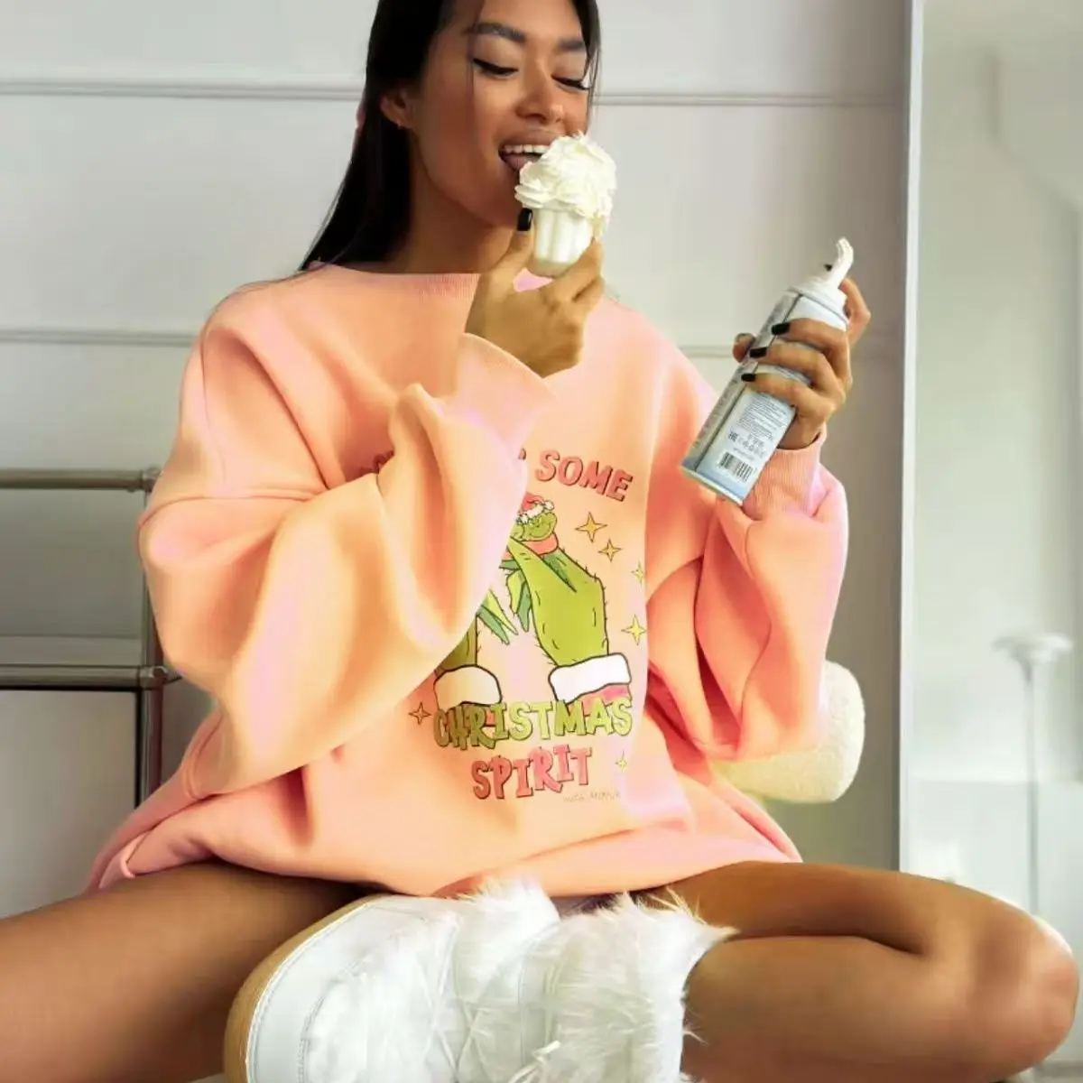 Kerst Russisch Plezier Handafdruk Oversized Sweatshirt Dames Dunne Herfst 2025, Hoodies O Hals Lange Mouw Losse Europese Mode