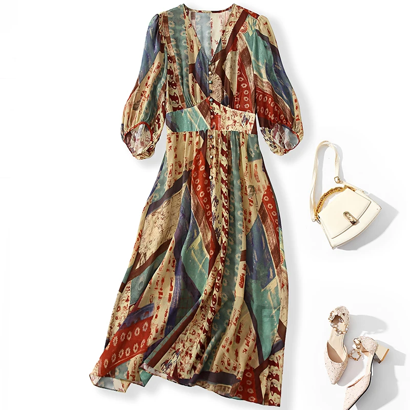 

Women Spring Summer 100% Real Silk Elegant Fashion Dresses Vintage High Waist V-neck Holiday Print Women's Long Dress