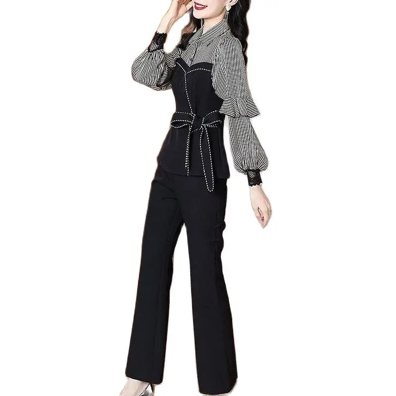 2023 New Spring Summer Women Set Korean Large Size Fashion Patchwork Long sleeve Top And Pants Two Piece Suit Temperament Outfit