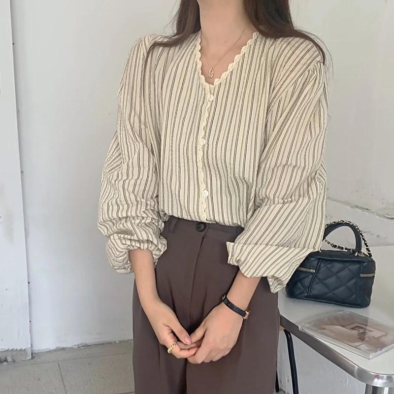 Женская ретро корейская Sle irt V-Ne Slim Fit в полоску с рюшами Sve Long Sve Свободная весенне-осенняя блузка Bubble Sve