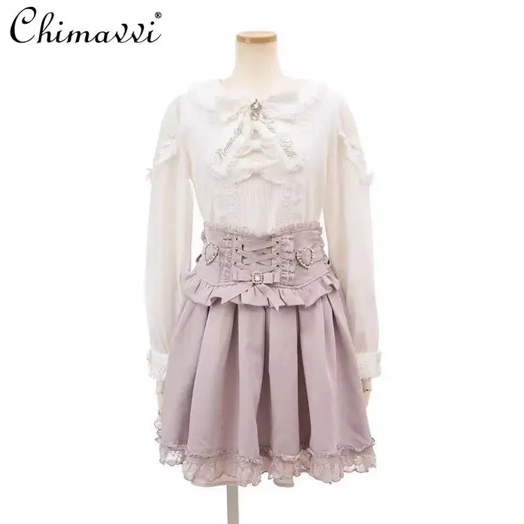 Liz Japanese New Rhinestone Embroidered Bow Lace Splicing Strap Top Girl Women Mine Mass-produced Lolita Knitted Bottoming Shirt