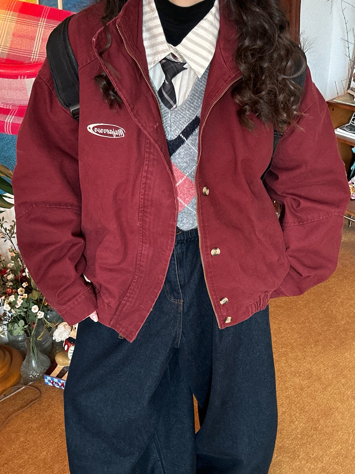 

Американский ретро-жакет с воротником-стойкой, женская рабочая одежда, универсальная верхняя одежда, топ, весна 2026, свободный крой, на молнии