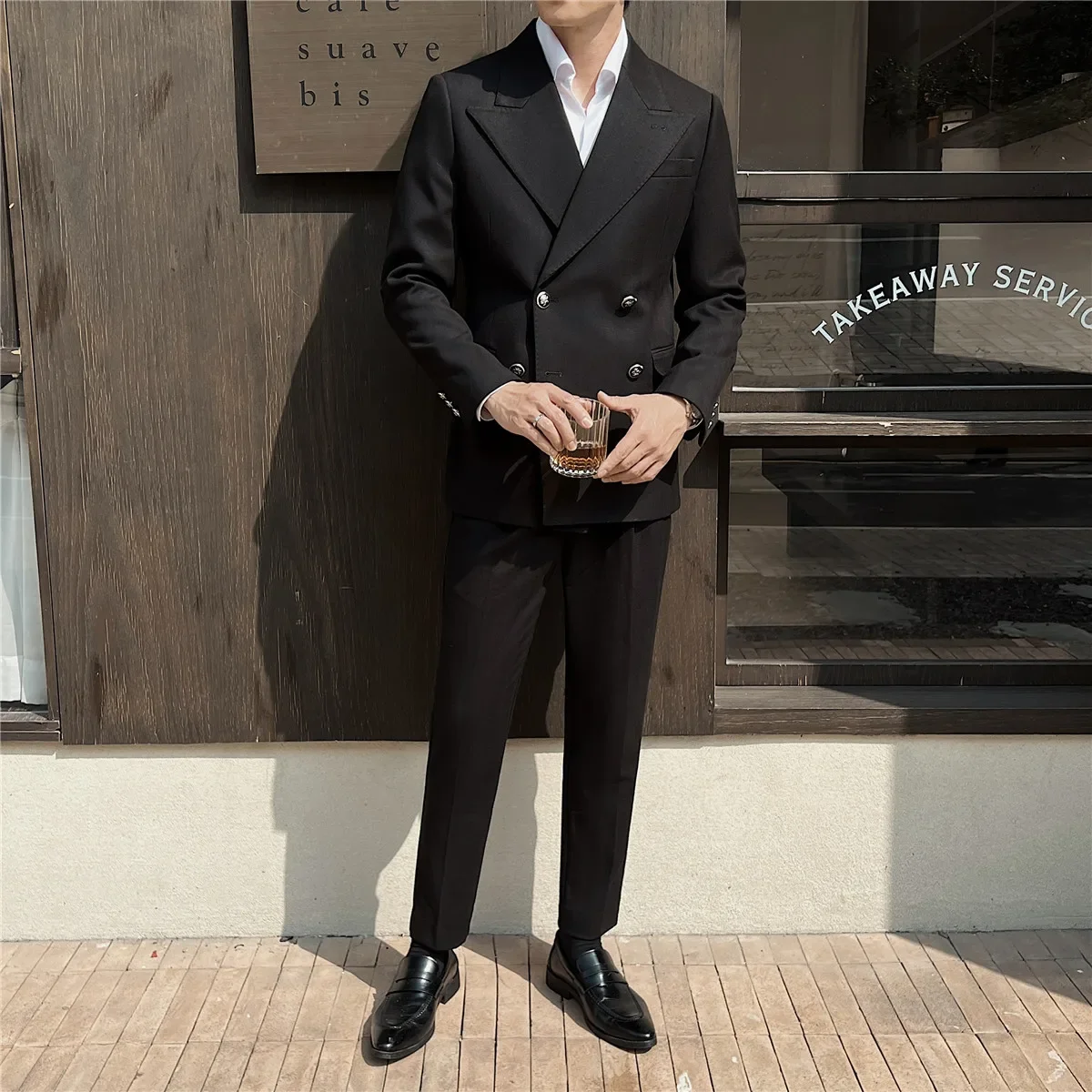 (Jackets+Pant)Fashion Double Breasted Design Men Suit Italian Style Luxury Elegant Business Social Wedding Dress Thick Suit 2Pcs