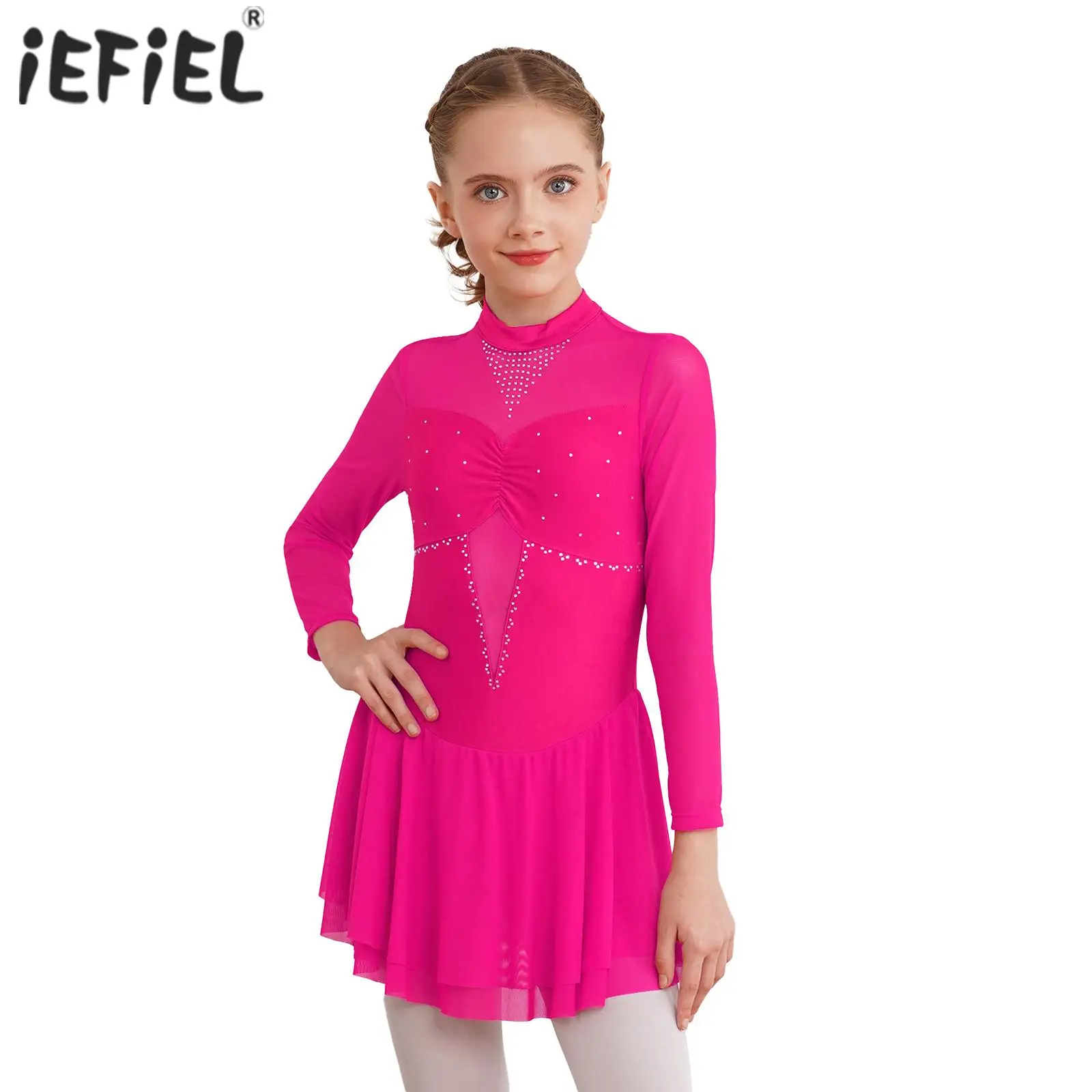 Kids Girls Gymnastics Leotard Tutu Dress Dancewear Long Sleeve Round Collar Shiny Rhinestone Figure Skating Ballroom Dance Dress