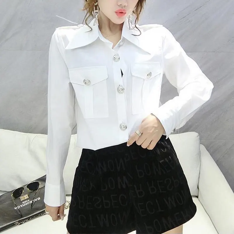 Spring Autumn Turn-down Collar Shirt Women\'s Clothing Commute Pockets Spliced Stylish Solid Color Single-breasted Basic Blouse