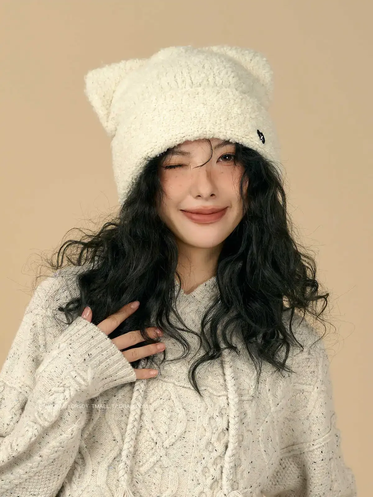 Cute Cat Ears Knitted Cap, Female Fall And Winter Warm Ear Protection Retro Sweetheart Students Thickened Warm Wool Hat