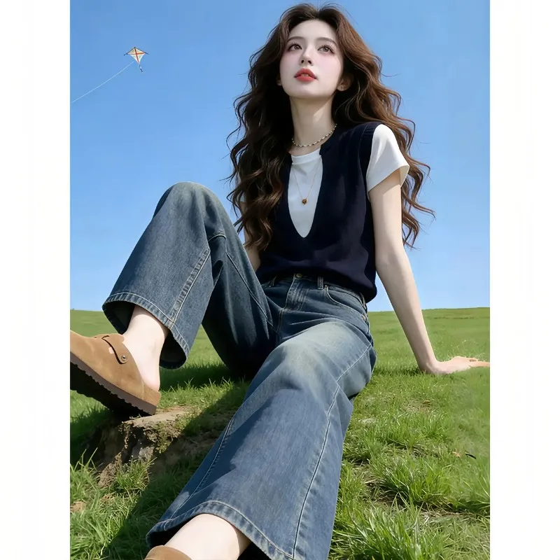 Women Clothing Summer Korean Fashion Simplicity All-match Fashionable Temperament Color Blocking Short Sleeve Fake Two Pieces