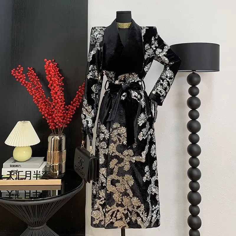 Luxury Brand Designer Women's Clothing Long Trench Coat Spring Autumn New Sequin Long Overcoat Belted Slim Jacket Winter Clothes