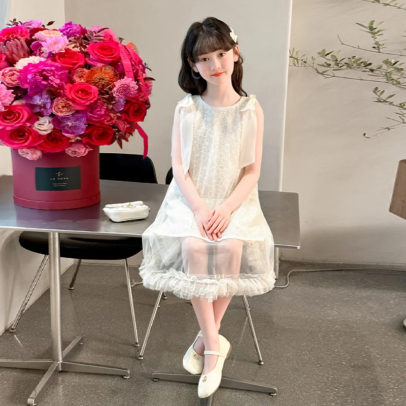 2025 New Children's Bow Lace Sleeveless Dress for Girls' West Asian Style Lace Cake Skirt for Women's Party Multi Layer Skirt