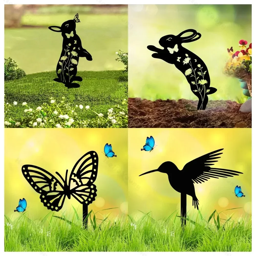 1 Pieza de Estacas Metálicas Decorativas para Jardín con Forma de Conejo/Mariposa/Pájaros, Estatuas Metálicas de Animales para Exteriores, Estacas de Silueta