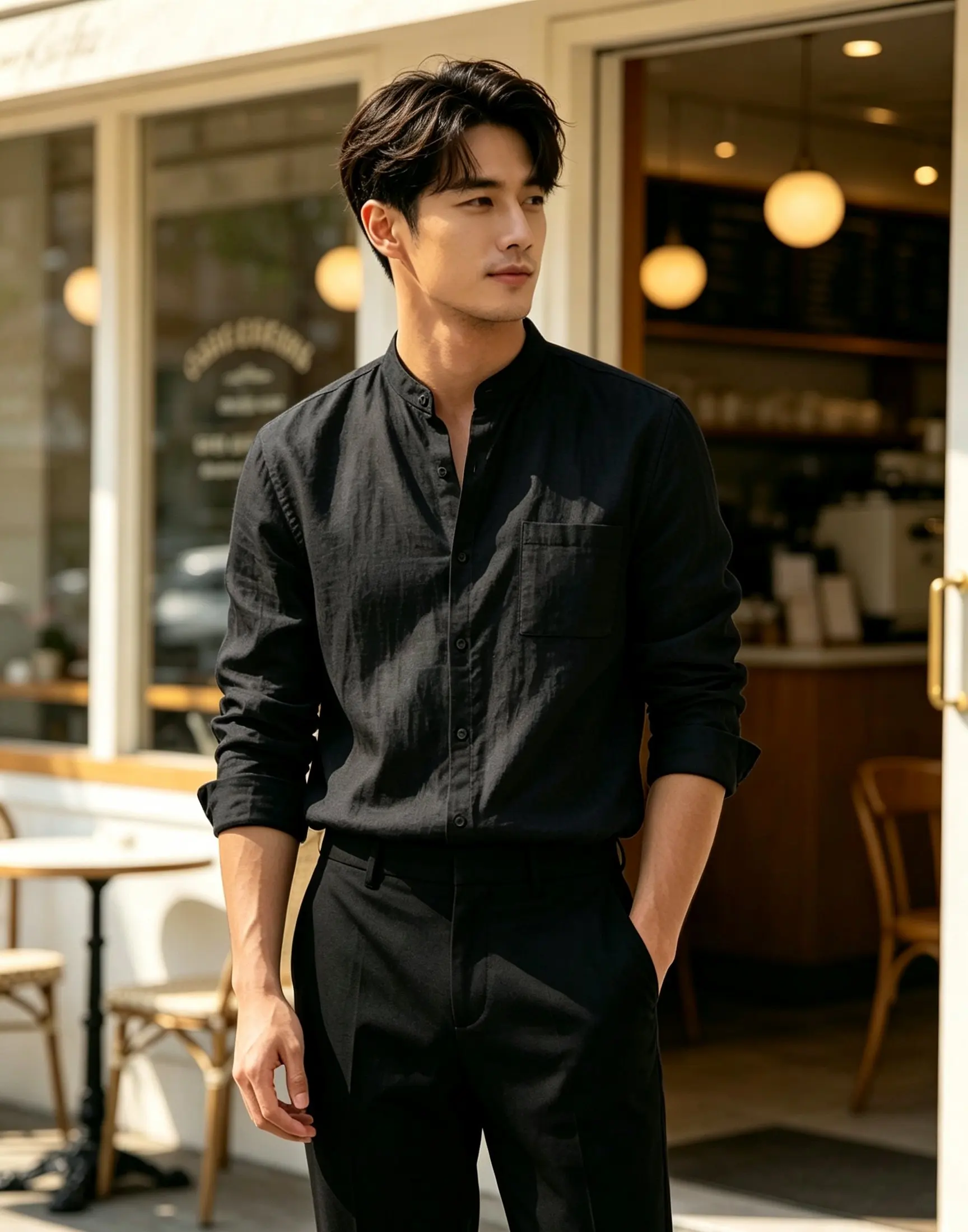 Minimalist Men's White Linen Button-Down Shirt, Stand Collar, Modern Office & Weekend Essential