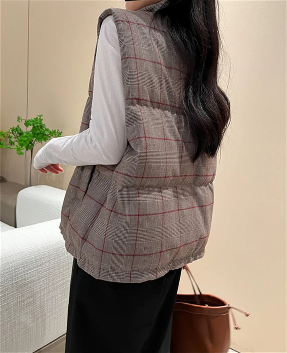 B*C Women\'s Wool Check Goose Down Vest Winter Stand Collar Zipper Jacket Waistcoat Female Clothing