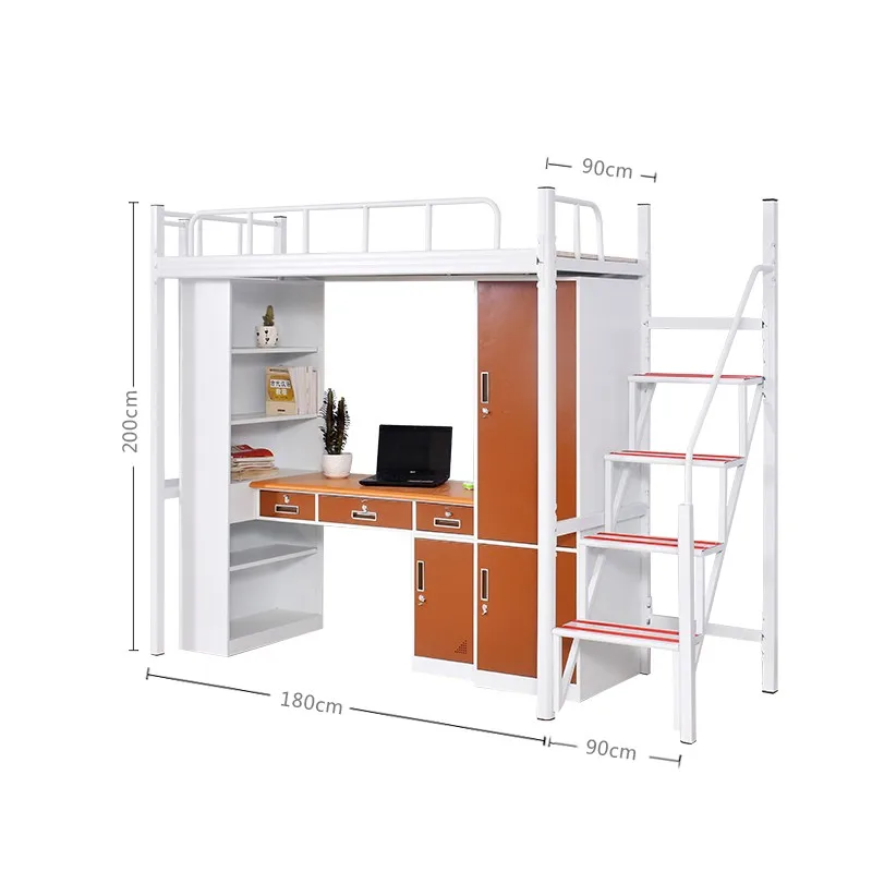 School Dormitory Apartment Metal Loft Bed Adult Bunk Bed With Wardrobe Desk And Shelf Customization