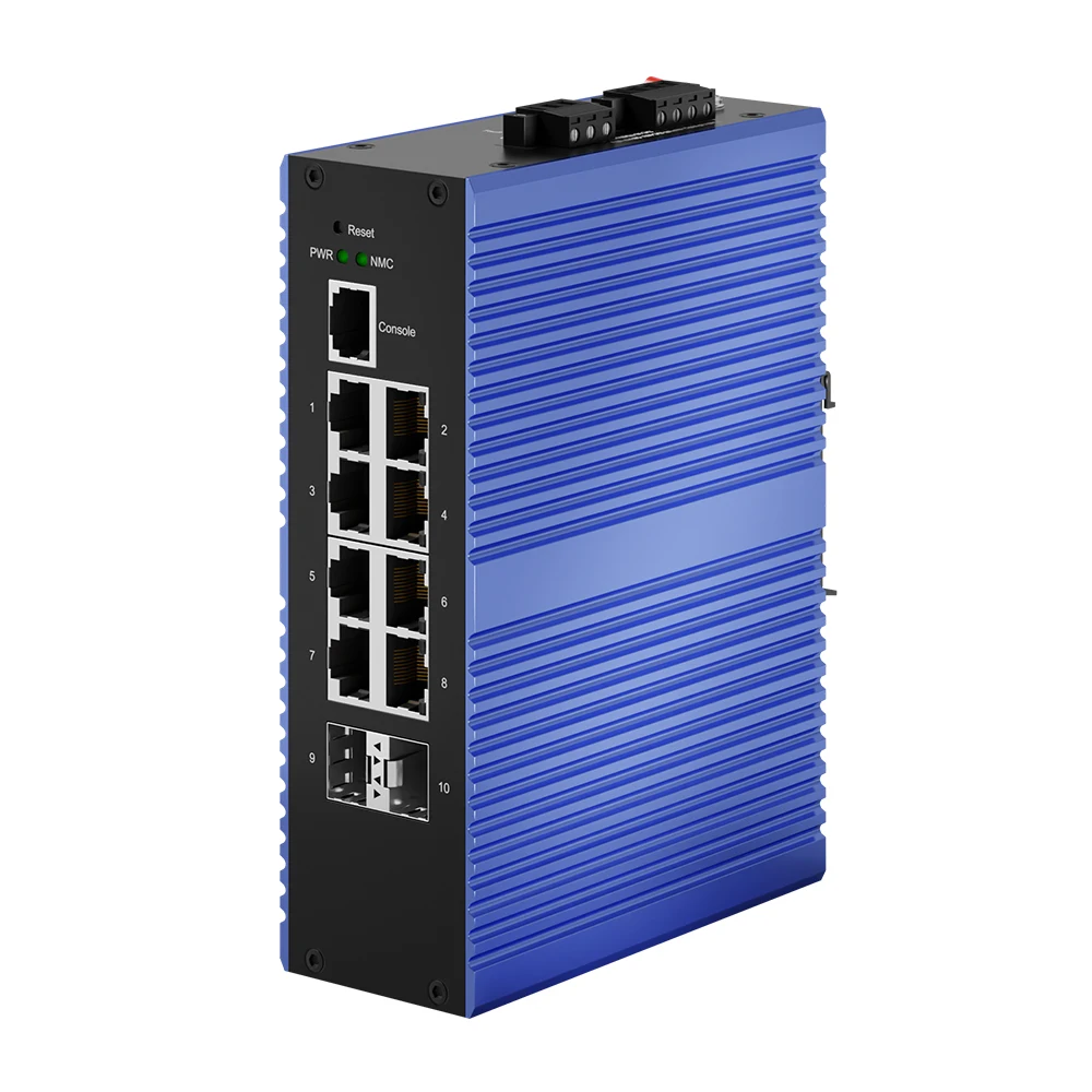 Bullscom industriële Ethernet-switch |   8 x Gigabit RJ45 en 2x Gigabit SFP |   -40 ° C~75 ° C |   IP40 |   EMC Klasse A
