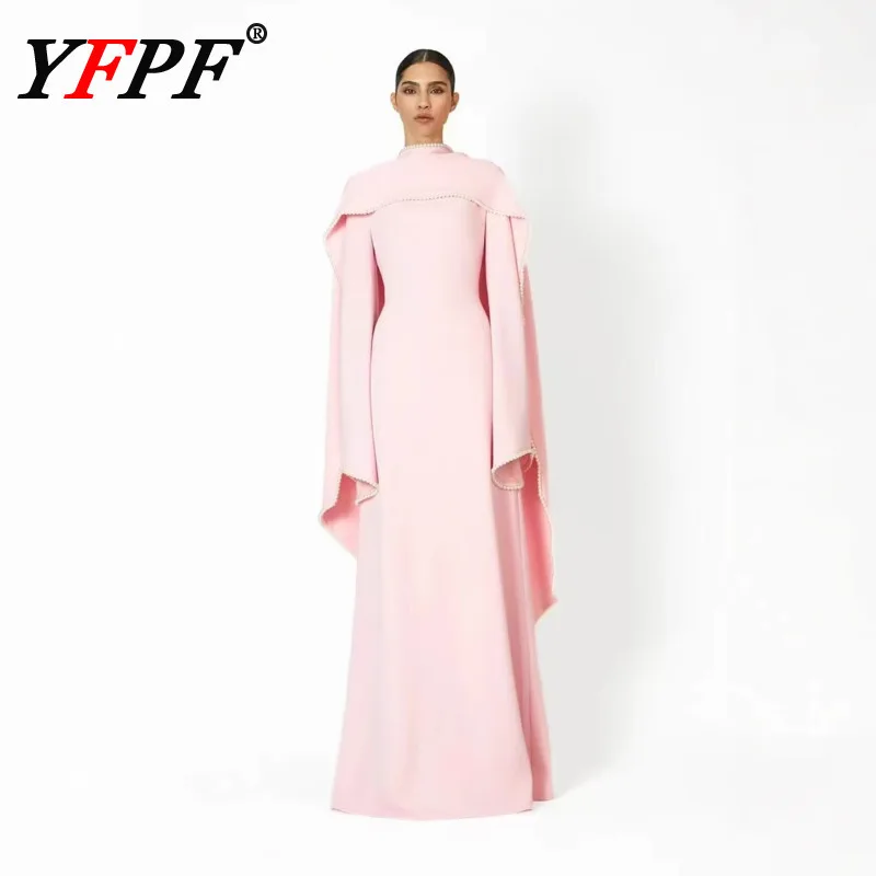 

YFPF Elegant Women's Dress Shawl Patchwork Design Solid Color Slim Temperament Evening Party Dresses 2025 Autumn New Clothing