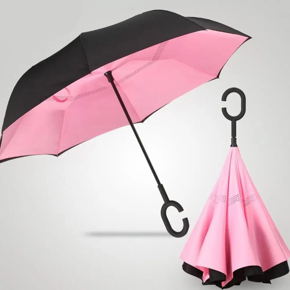 Women Handsfree Umbrella Windproof Double Layer Anti-UV Windproof C-Shaped Handle Inverted Upstanding Umbrella Sunshade Umbrella