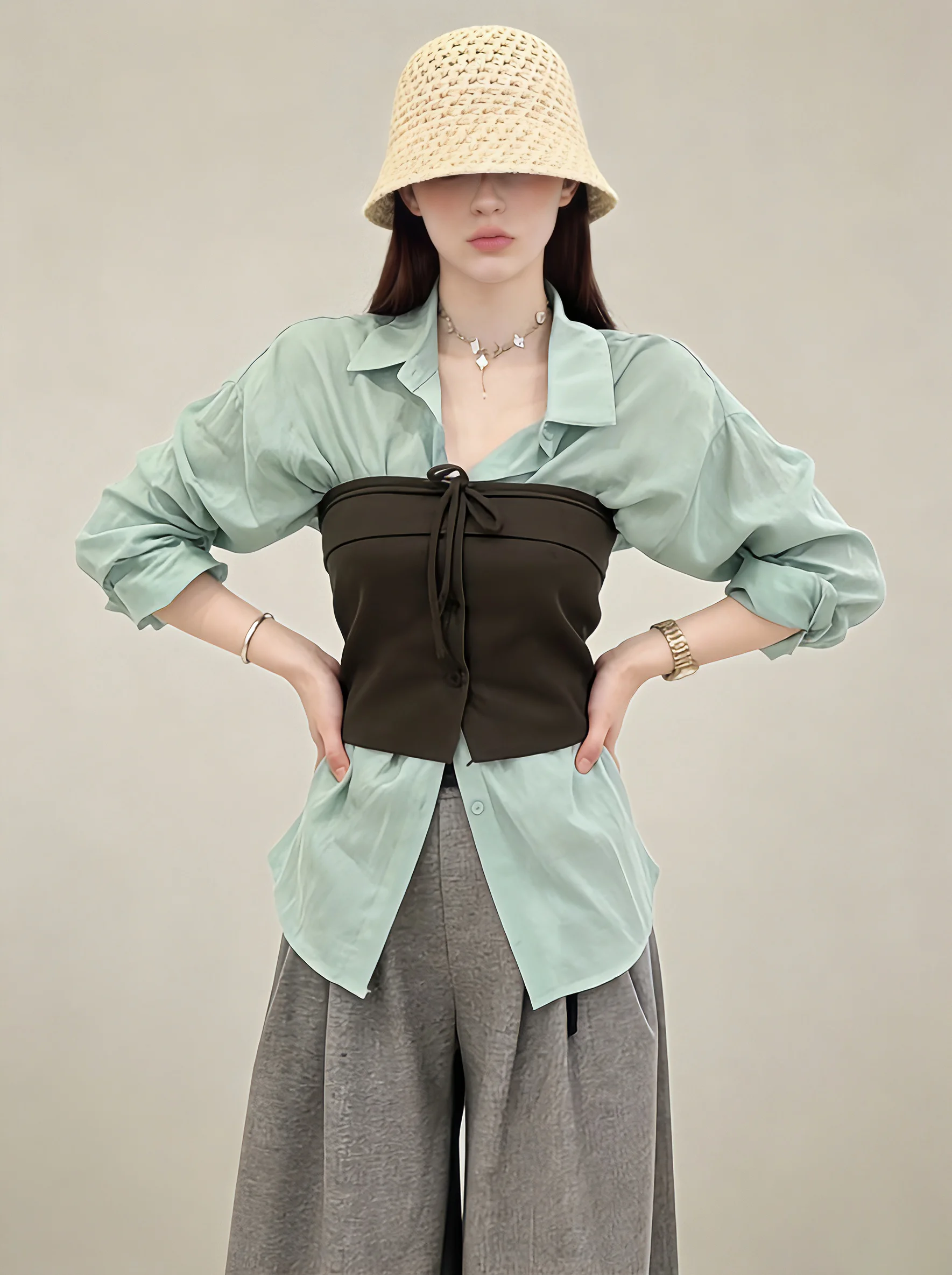 

Mint Green Korean Style Shirt And Tube Top Set Wide Leg Pants Layered Clothing Complete Set Fashionable And Stylish Spring Wear