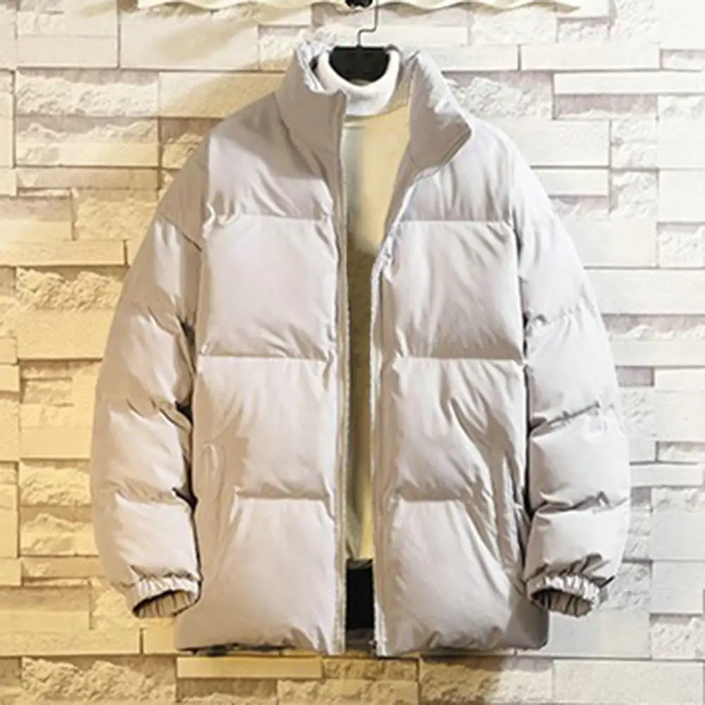 Heren Winter Effen Kleur Gewatteerde Jas Opstaande Kraag Lange Mouw Zijzakken Verdikte Casual Warme Jas Outwear Streetwear