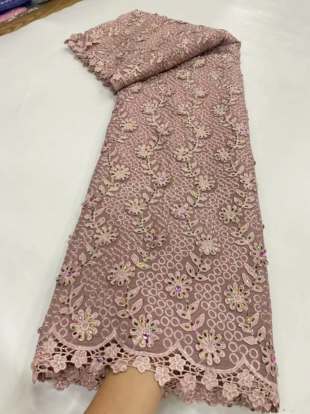 

Luxury Organza Lace Fabric 5 Yards High Quality 2025 Chiffon Lace Fabric With Stones Nigerian Wedding Dress For Sewing , W714-1