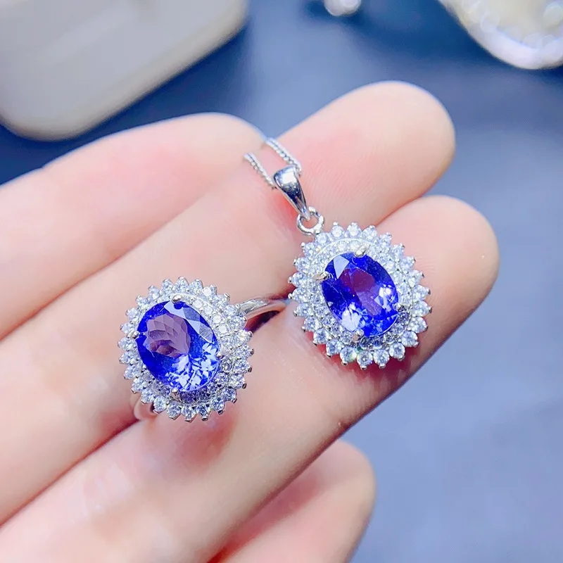 

Комплект колец и ожерелья из стерлингового серебра 925 пробы с натуральным танзанитом - Коллекция ювелирных изделий из сине-фиолетовых драгоценных камней премиум-класса