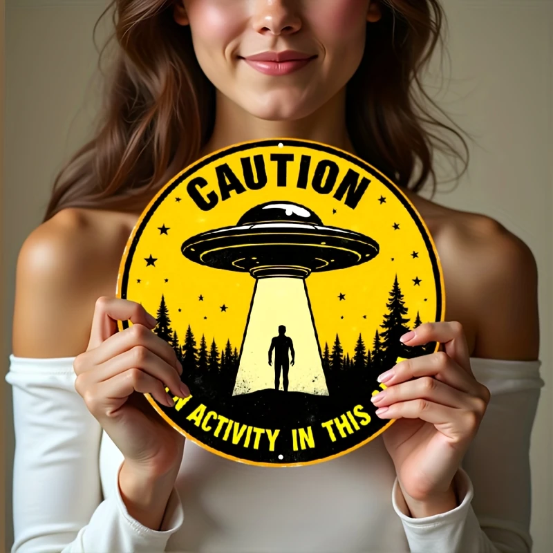 1pc Alien Activity Warning Sign - Vintage Round Metal Wall Decor with Alien & Saucer - 8x8 Inch /Outdoor Aluminum Sign Suitable