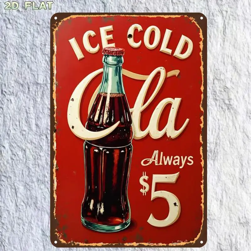 2D Flat Surface, 2D Flat Surface, 1 Piece, Retro Nostalgic Iced Cola Sign Art Print Metal Tin Sign, Pre-Drilled, Suitable for Indoor, Garden, Outdoor, Bathroom Decoration, 2D Flat Surface