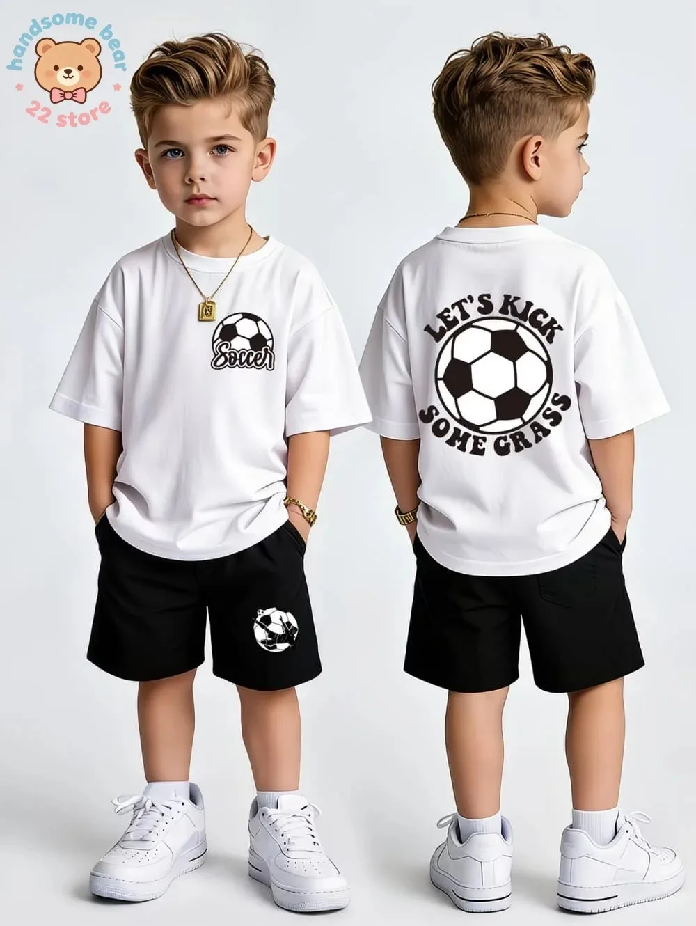 Sommer-Bekleidungsset für Kinder Fußball-Print T-Shirt Shorts 2-teiliges Outfit Kinder Sport Freizeitanzug Baumwolle Teenager-Jungen Kleidung – Detail 6
