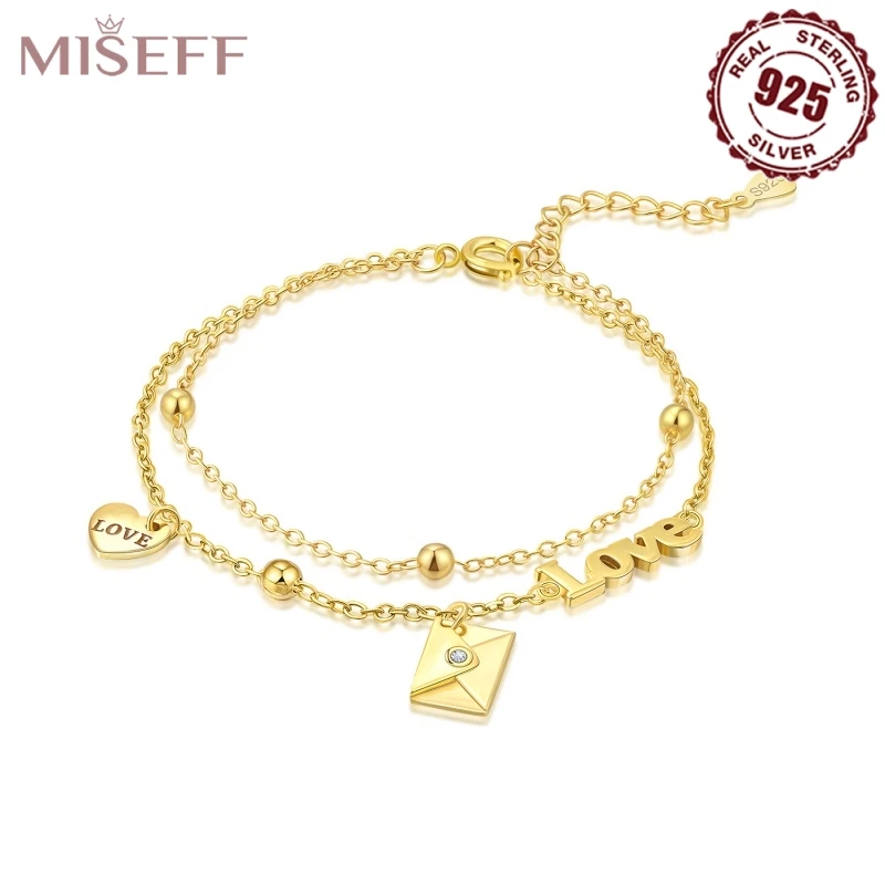 MISEFF New 925 Sterling Silver Bracelet Original Envelope Heart Shape Love Zircon Bracelets DIY Charms Jewelry Women Gifts