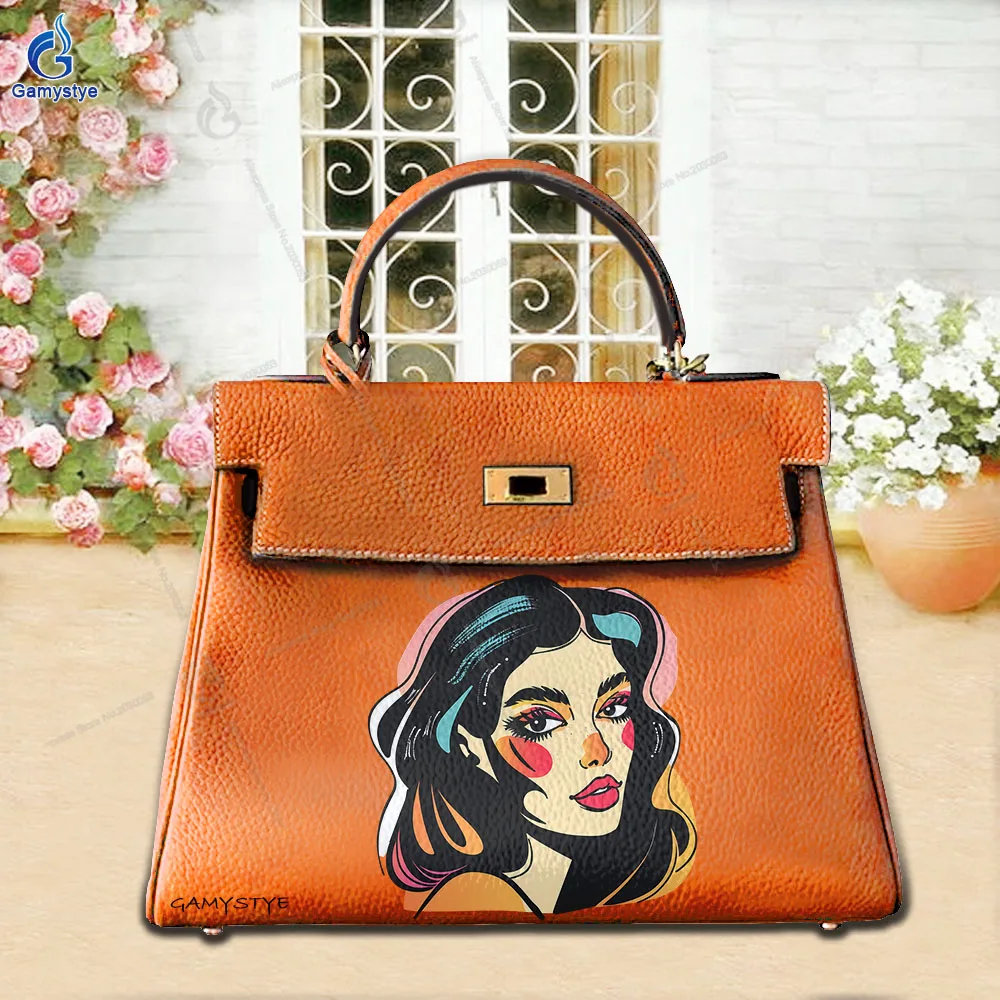 

Printed Customize Art Bags Vintage Art Lady Portrait Real Cowskin Leather Woman Bag Tote Bags Luxury Original Bag Borse Da Donna