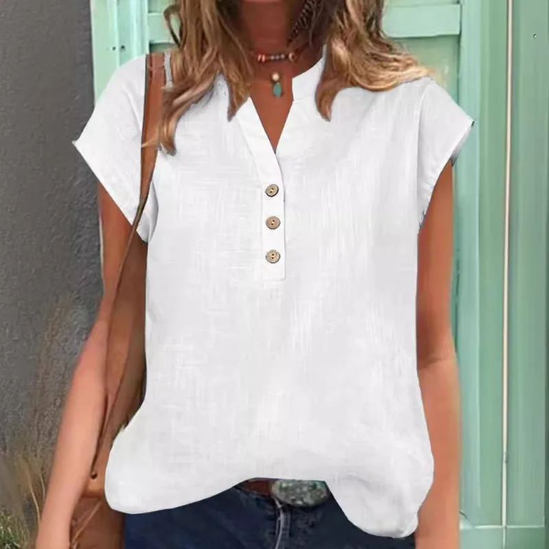 2024 Summer Casual Loose and Fashionable Three Button Solid Color Micro Elastic Short Sleeved V-neck Women's Top