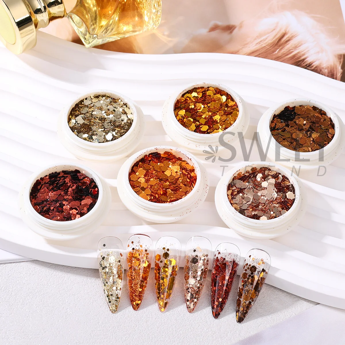6 Colors Fall Winter Chunky Hexagon Nail Sequin Metal Mirror Brown Gold Vintage Luxury Sparkly Autumn Theme Manicure Flash Decor