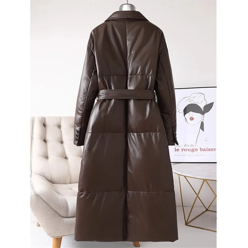 Women's Leather Down Jacket, Loose, Extra Length Design, Goose Down Coat, Suit Collar, Fashion Leather Sheepskin Coat