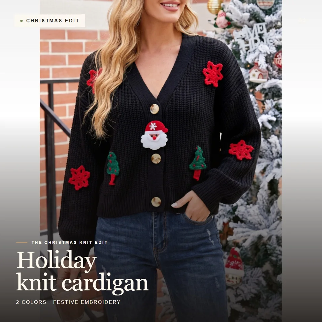 New Women Christmas Knit Cardigan V Neck Button Down Long Sleeve Sweater Cute Santa Snowflake Tree Embroidery Loose Outerwear