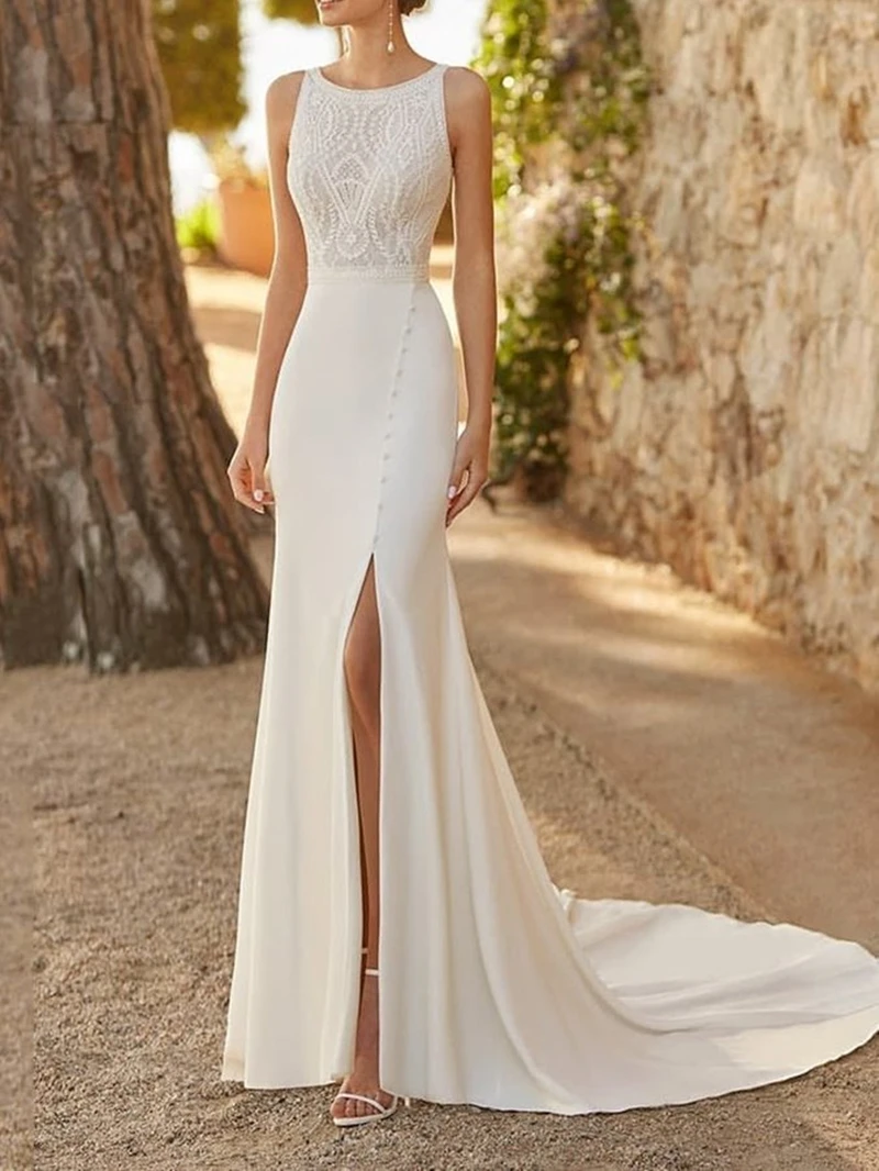 Mermaid Sleeveless Wedding Dresses for Women Sexy Side Slit Round Neck Bridal Gowns Vestidos Elegantes Para Mujer Robe De Mariée