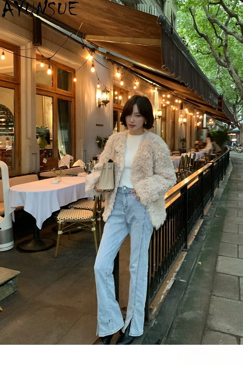 AYUNSUE Women Toscana Lamb Fur Coat Genuine Shearling Fur One Piece Outerwear Female Winter Clothes Short Fashion 2026 Дубленка