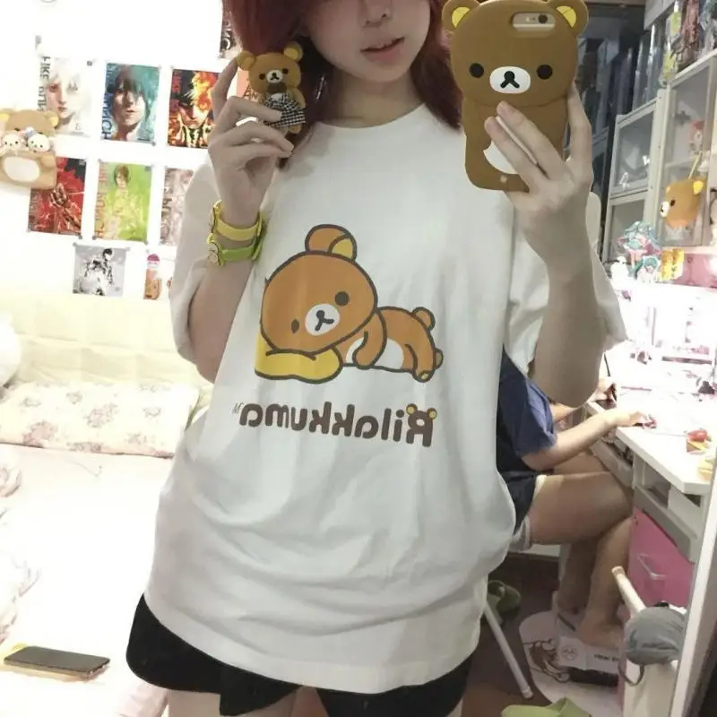 2024 Kawaii Cute Rilakkuma T-Shirt Cartoon Printed White Round Neck Short Sleeve Women\'s Top New Fashion Gifts for Girlfriend