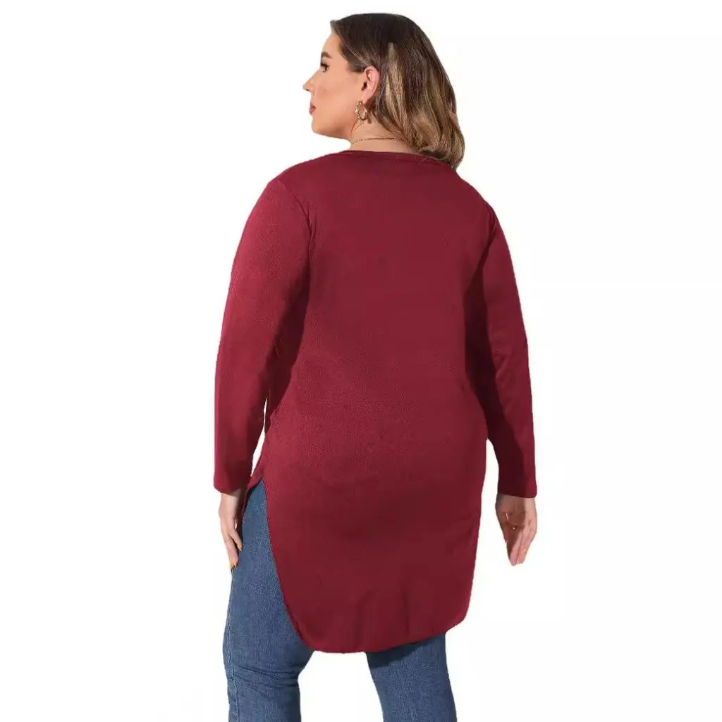 

Women's Large Size Long-Sleeved T-shirt Mid-Length Burned Flower Hollow Split European And American Style Top F201841