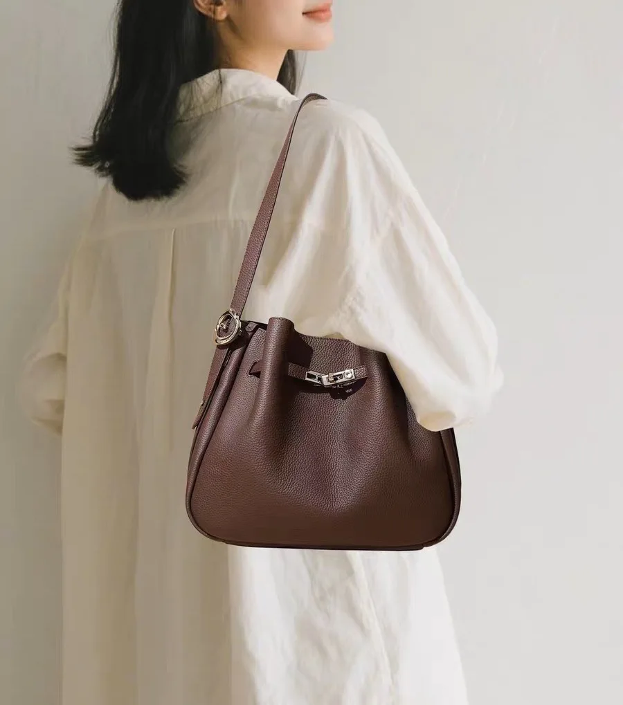 

Women's Genuine Leather Bucket Bag Unique Fashion Cowhide Shoulder Crossbody With Two Water-Proof Handles/Straps