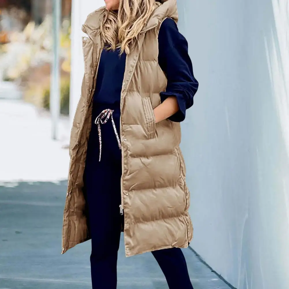 Vest Overcoat Plus Size Sleeveless Jacket Solid Color Winter Mid-Length Sleeveless Hooded Warm Cotton Waistcoat Coldproof