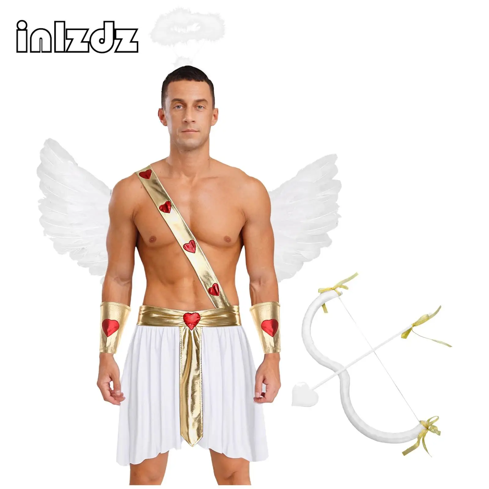 

Mens Halloween Cupid Outfit Cosplay Costumes Heart Pattern Skirt with Sleeves And Wings Angel Headwear Bow And Arrow 5-piece Set