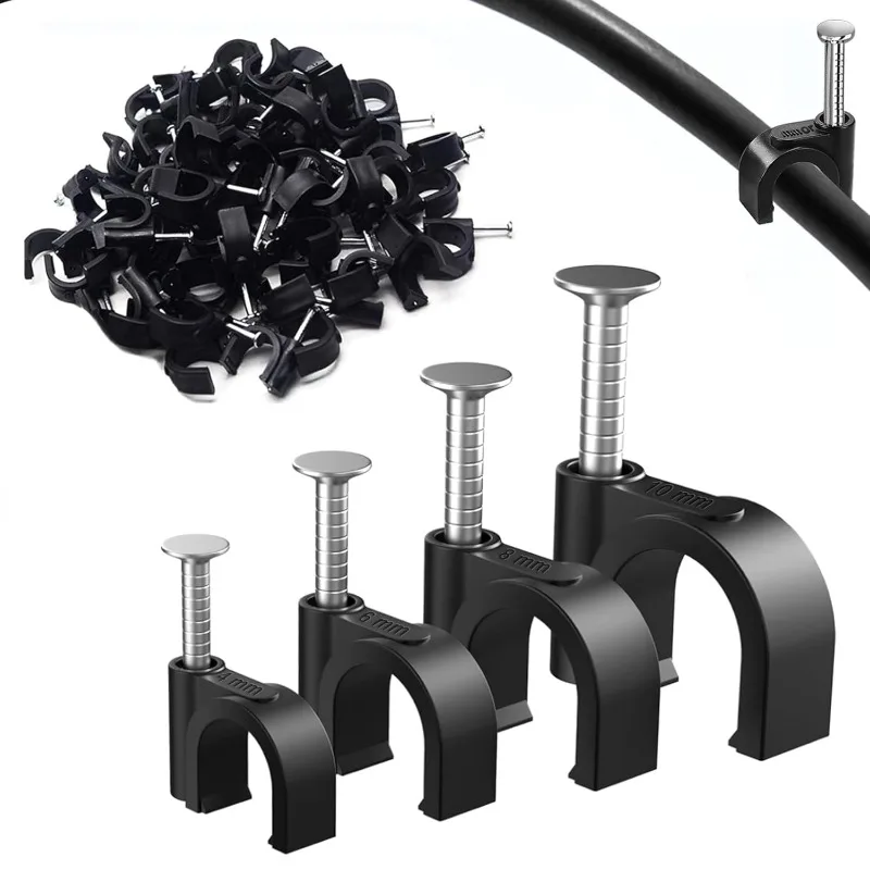 100pcs Black Cable Clips 4/6/8/10/12/14/16mm Cable Wire Clip Nail In Cable Clips Cable Tacks Coaxial Nail Clamps Nails for Cords