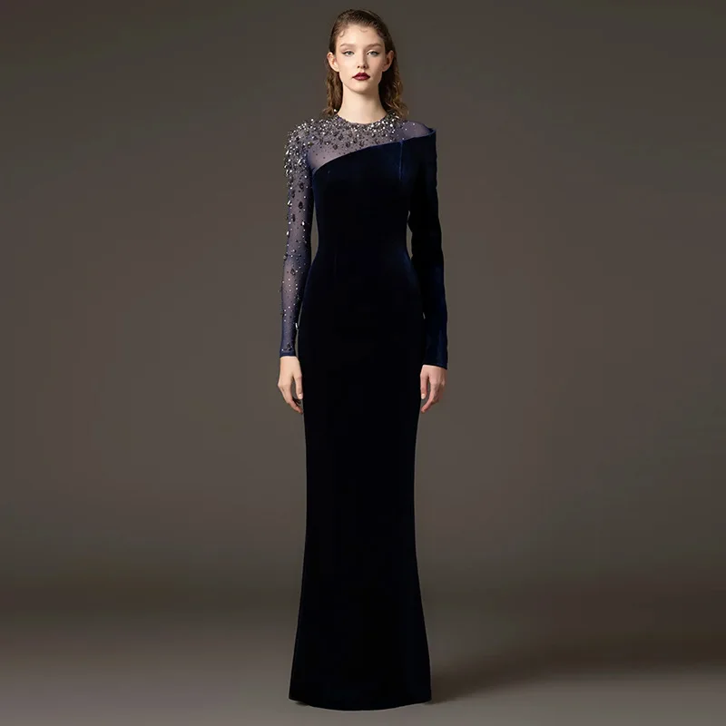 Quality women's evening dress long skirt star series nail bead gold velvet mesh long dress Dubai Muslim Saudi Arabia long skirt