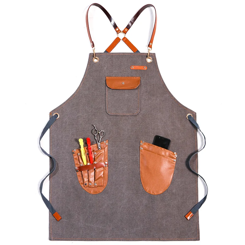 Thick Canvas Apron with Double Color Stitching And Leather Pocket for Kitchen Cooking Barista Manicure Salon Cleaning - Unisex