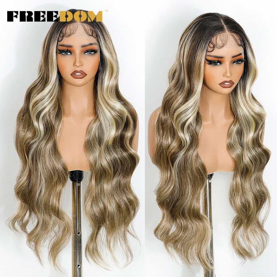 FREEDOM Synthetische Lace-Front-Perücken für Damen, 30 Zoll lang, Body Wave, 13x4 Lace-Front-Perücke, Ombre Braun-Blond, Cosplay-Perücken – Detail 7
