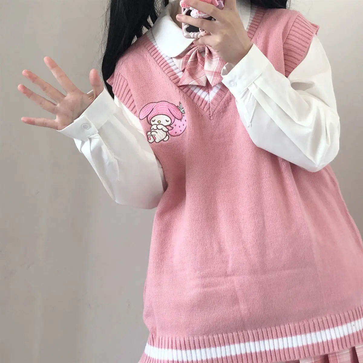 Kawaii Kuromi My Melody Cinnamoroll Sanrioes Wool Sweater V-Neck Waistcoat Vest College Lolita Girl Clothing Anime Peripherals