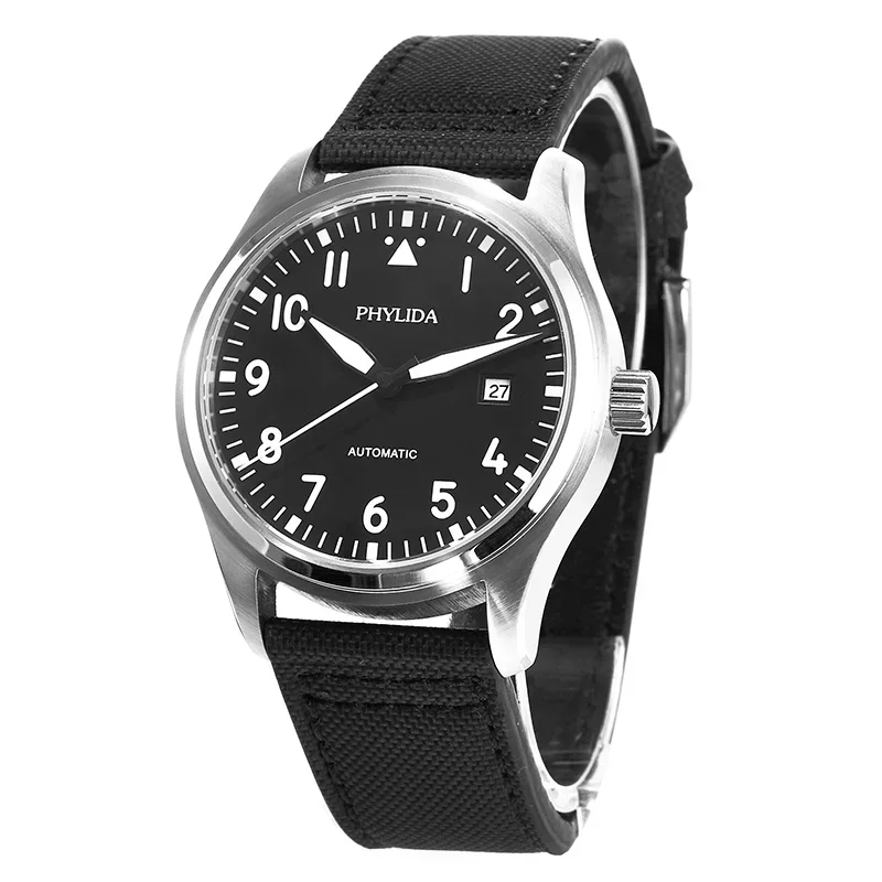 New 42mm Black Pilot Watch 5ATM MIYOTA Automatic Domed Sapphire Crystal Full Luminous Canvas Leather Strap